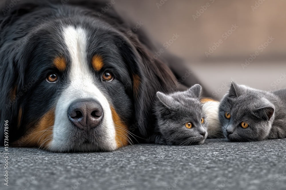 Obraz premium Close Up of a Calm Bernese Mountain Dog Lying Down with Two Grey British Shorthair Cats on a Smooth Surface in a Cozy Indoor Setting