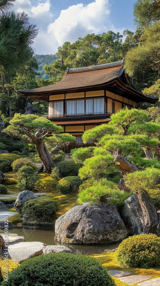 Obraz premium Serene Japanese Garden with Traditional Pavilion and Rock Landscape