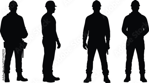 Silhouettes of construction workers wearing hard hats, standing in various poses, industrial labor figures for safety, engineering, building, architecture concepts
