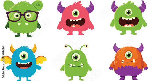 Funny cartoon one-eyed monsters collection with colorful bodies, cute expressions, creative horned aliens for kids artwork, character vector illustrations