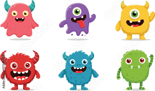 Set of colorful cute cartoon monsters with horns, fur, and one eye, funny fantasy characters for kids, Halloween, game design
