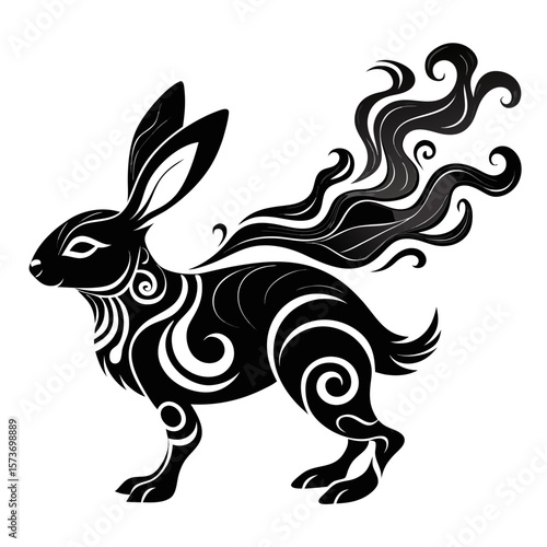 Stylized rabbit graphic with swirling patterns offers an elegant animal design suitable for logo creation or tattoo art inspiration.