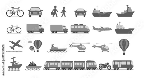 Collection of grey transportation icons includes land, air, and sea vehicles like cars, trucks, airplanes, and ships for diverse uses, silhouette