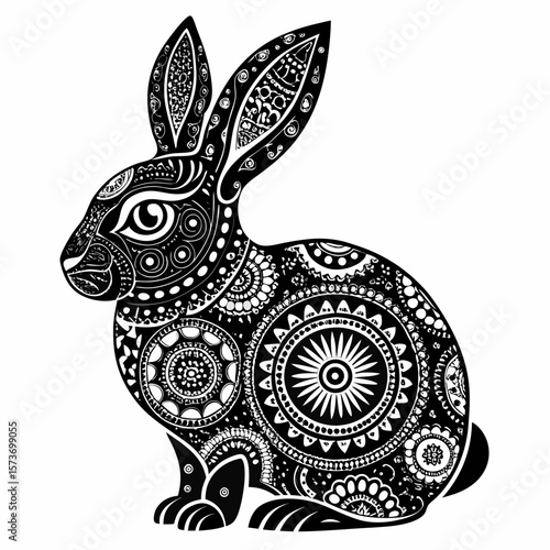 Decorative rabbit graphic featuring intricate floral and mandala patterns in black and white, suitable for spring designs.