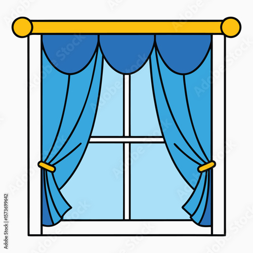 A window decorated with flowing blue curtains, gently draped to frame the glass, adds a calming touch and soft elegance to the room with its serene color and graceful folds.
