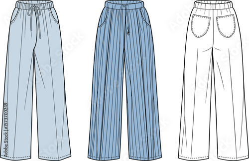 Wide leg pajama pants fashion cad drawing, front and back view, flat vector sketch, women clothing template, striped design illustration