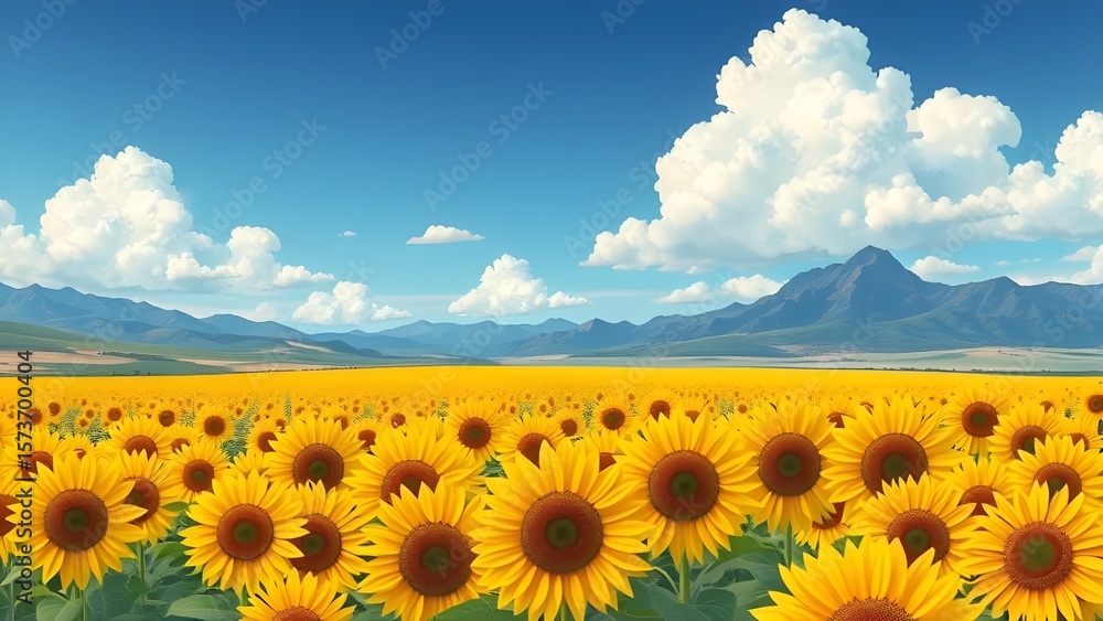 Obraz premium landscape with sunflowers, sunflower field, sunflowers, summer, landscape, nature, field, vibrant sunflower field, summer sunflower landscape, sunflowers under blue sky, sunflower field illustration.