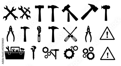 Collection of black and white silhouettes featuring various tools like hammers, wrenches, gears, pliers and other work equipment.