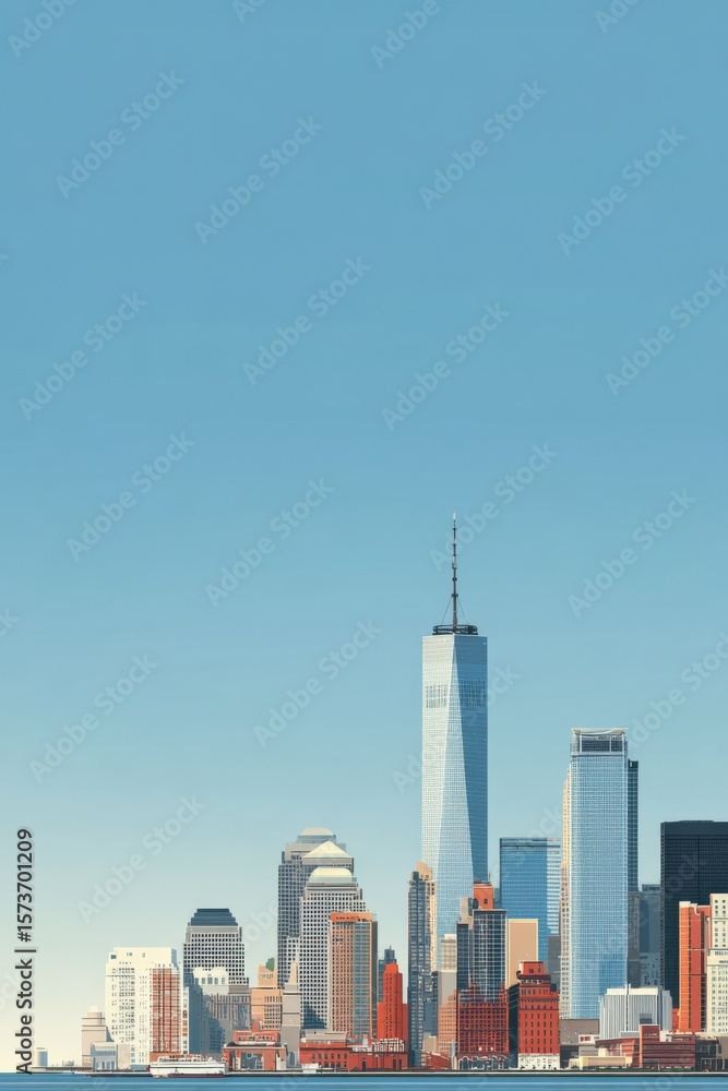 Fototapeta premium Stunning cityscape featu tall modern skyscrapers and high-rise buildings in downtown metropolis under clear blue sky in daytime