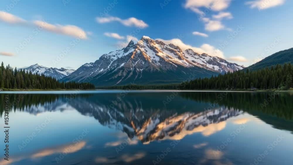 Mountain peak mirrored in a lake surrounded by dense green forest under a blue sky with scattered clouds Mountain peak mirrored in a lake surrounded by dense green forest under a blue sky with scattered clouds