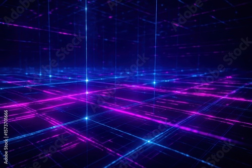 Neon Cyberpunk Grid Digital Background, Futuristic Technology Matrix, Electric Blue Glowing Lines, Sci-Fi Virtual Reality Interface