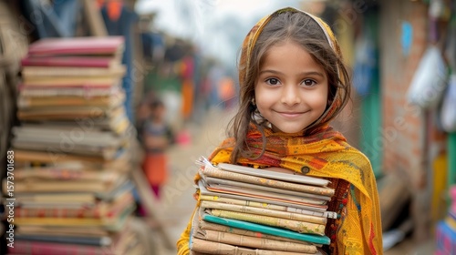 Smiling girl with books in a village, bright scarf, shallow depth of field