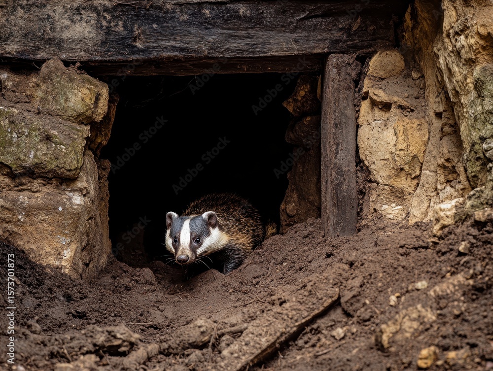 Fototapeta premium Badger Emerging from Burrow in Natural Habitat