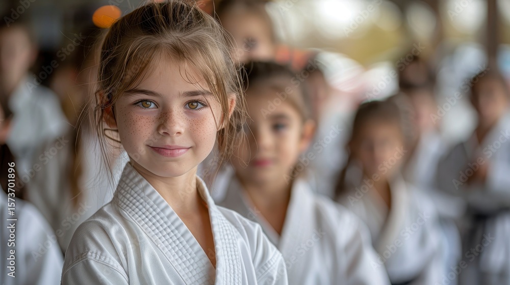 A young girl in a white karate gi smiles at the camera, with a blurred group of children behind her A young girl in a white karate gi smiles at the camera, with a blurred group of children behind her