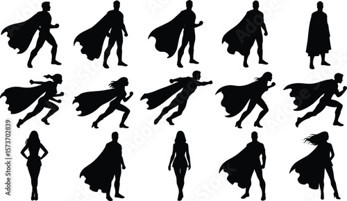 Superhero silhouette set with flying, standing, action poses of male and female characters, capes, vector design, comic icons, powerful style