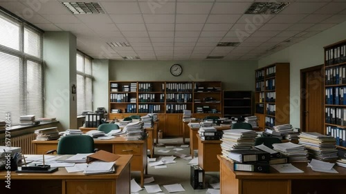 Messy Office or Classroom with Papers Scattered – Academic or Work Chaos Scene