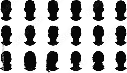 Collection of male and female head silhouette icons, vector profile avatars, black human face shapes for web, UI, apps, and design