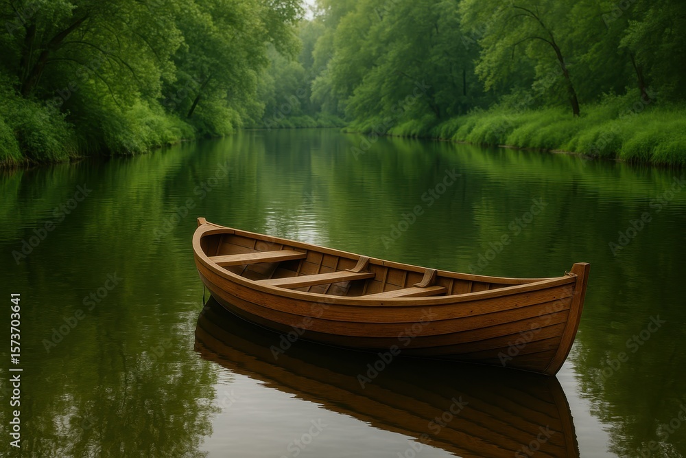 Obraz premium Peaceful wooden boat floating on tranquil river waters surrounded by natural scenery creating serene aquatic landscape