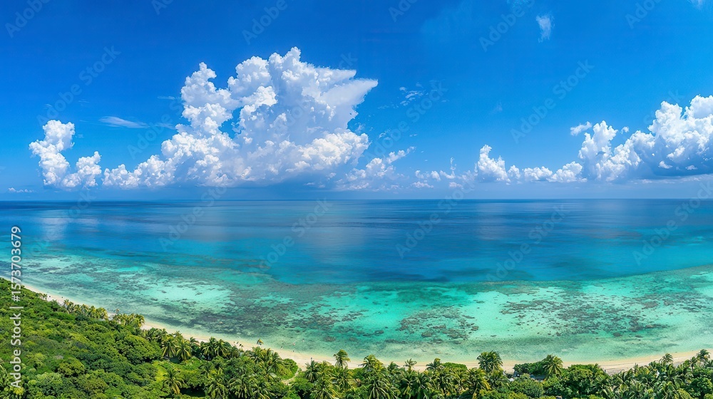 Fototapeta premium Serene Tropical Beach with Clear Blue Waters and Lush Greenery