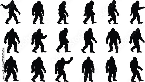 Bigfoot silhouette set, walking poses, black monster figure, cryptid icon, wild creature, legendary beast, Yeti illustration, forest myth shadow