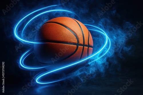 Professional sports basketball with vibrant blue neon lighting effects and dramatic smoke atmosphere on dark background