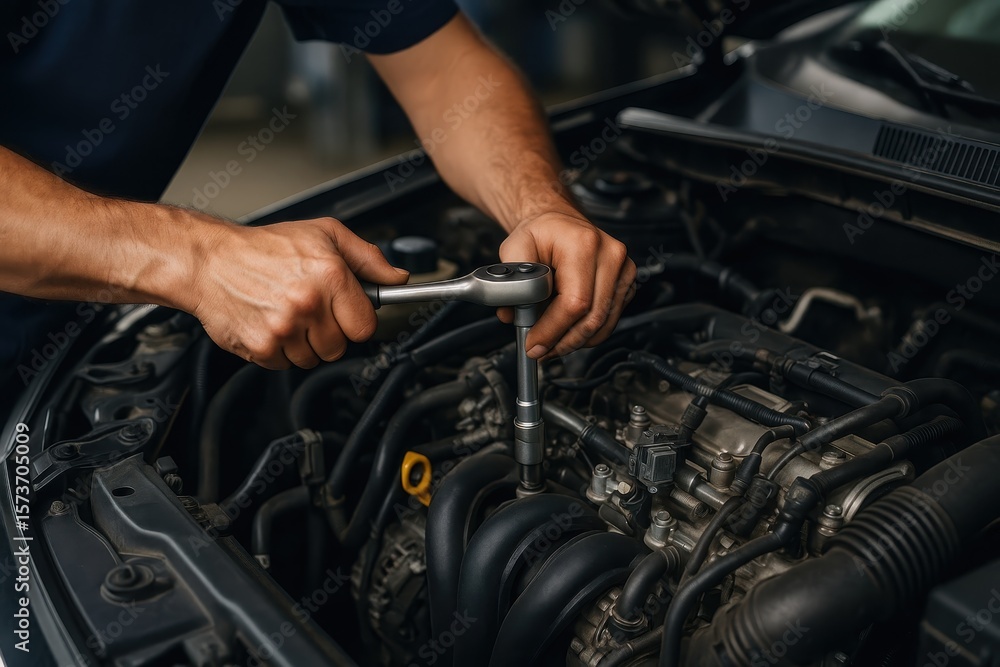 Fototapeta premium Skilled automotive technician performing precision engine repair work in professional auto service garage
