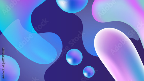 Abstract iridescent blobs and spheres on dark background suitable as background for tech or sci-fi designs, print materials, or website.