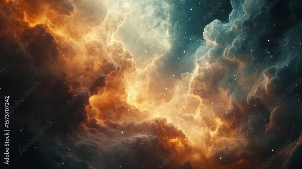 Fototapeta premium Abstract nebula formation of orange teal and indigo cosmic clouds