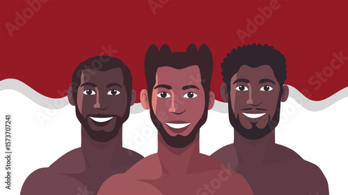 Three shirtless men stand together with red white flag background for Independence Day celebration