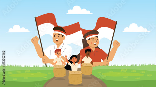 Family with kids happily playing sack race while holding flags celebrating Indonesia Independence Day