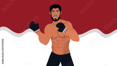 Shirtless muscular man wearing gloves posing for Indonesia Independence Day celebration design