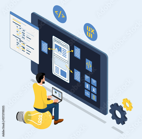 UX UI mobile application development with programmer working in a software developer company office. Developing programming and coding technologies concept.