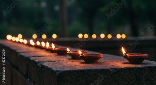 Diyas on Brick Platform at Night