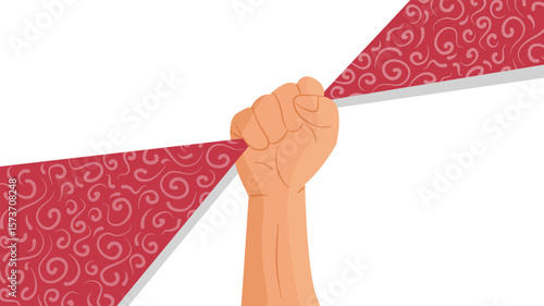 Single strong raised fist tightly holding traditional batik ribbon for Indonesia Independence Day