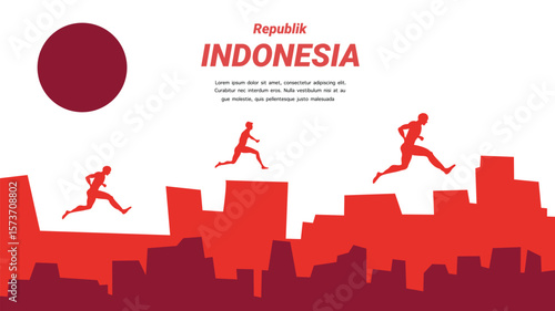 Running people jumping with city silhouette background for Indonesia Independence Day celebration