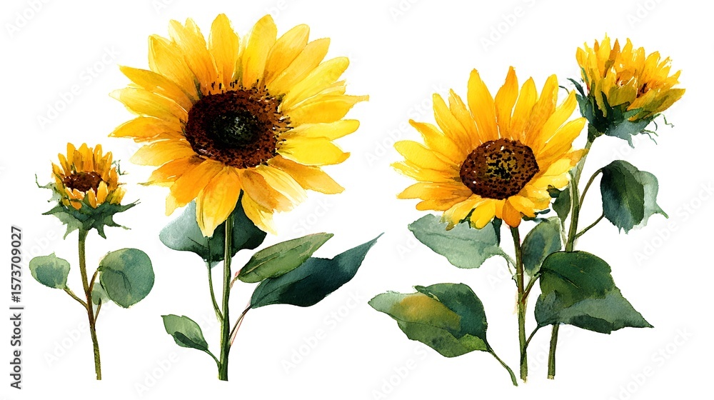 Obraz premium Bright and cheerful watercolor depicting a vibrant display of sunflowers with their warm yellow petals and green foliage against a transparent background