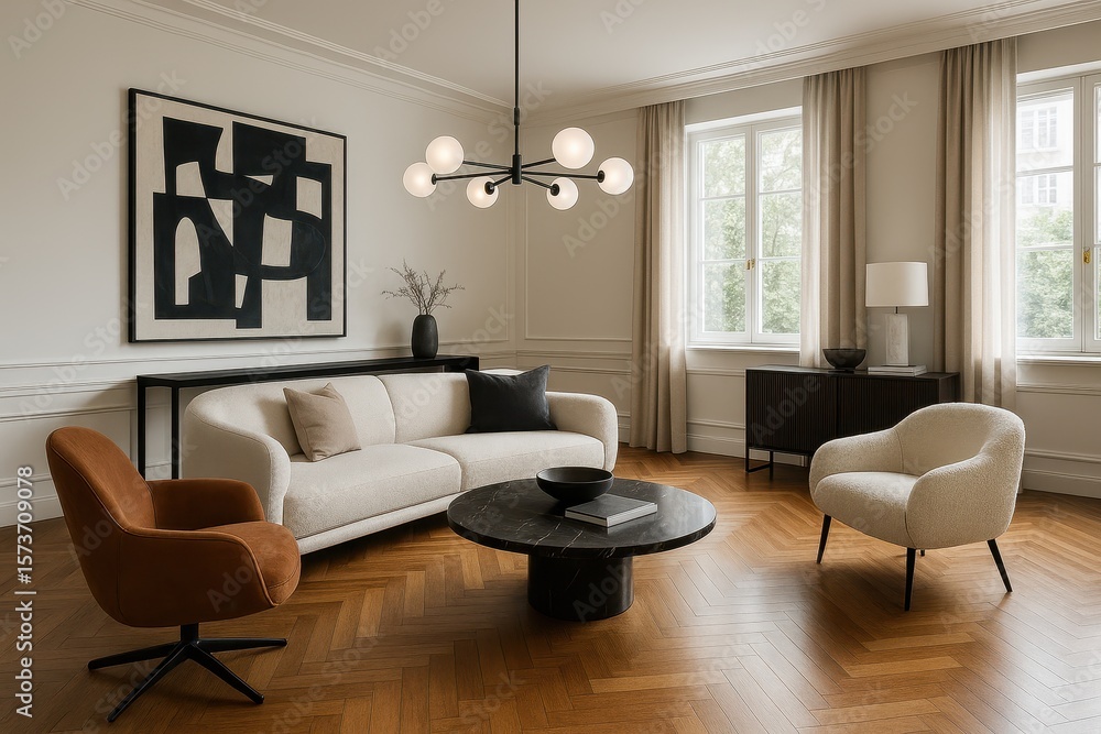 Fototapeta premium Contemporary living room with polished hardwood floors and sophisticated modern furniture design