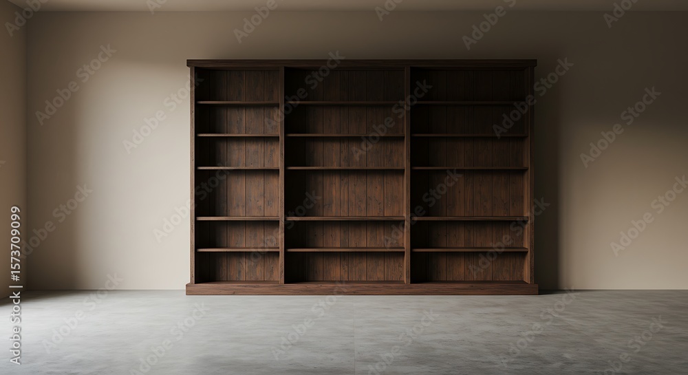 Empty interior with wooden wall bookcase Empty interior with wooden wall bookcase