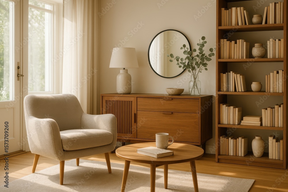 Fototapeta premium Cozy contemporary living room interior with elegant furniture and warm home design aesthetic