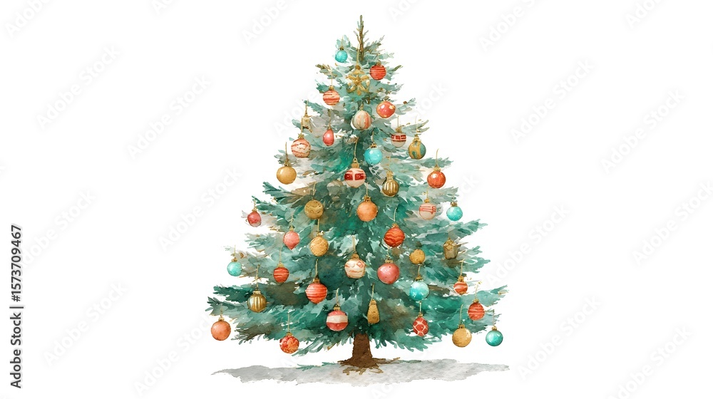 A hand painted watercolor of a lush festive Christmas tree decorated with a variety of vibrant shimmering ornaments against a transparent background A hand painted watercolor of a lush festive Christmas tree decorated with a variety of vibrant shimmering ornaments against a transparent background