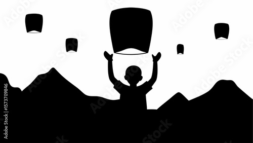 Silhouette of a person releasing sky lanterns over mountains in a monochrome black and white illustration