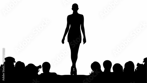 Silhouette of a model walking on a runway with an audience in the foreground in black and white style