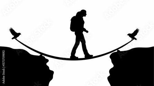 Silhouette of a hiker with backpack walking on a rope bridge between cliffs with birds on each side of the rope