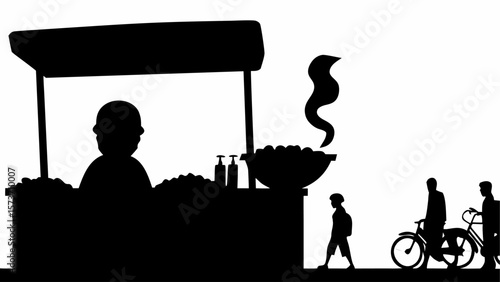 Silhouette of street food vendor with customers on bicycles and walking near the food stand stall shop