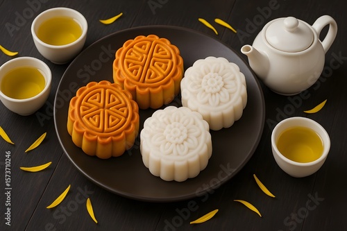 Bánh trung thu dẻo và nướng -snow skin mooncakes in white and baked moon cakes- traditional moon cakes at mid-autumn festival
