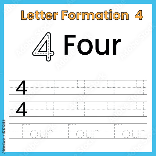 tracing,number,four,worksheet,handwriting,practice,children,education,preschool,kindergarten,digit,numeral,counting,learning,activity,math,page,numeric,writing,kids,school,printable,homeschool,numberw