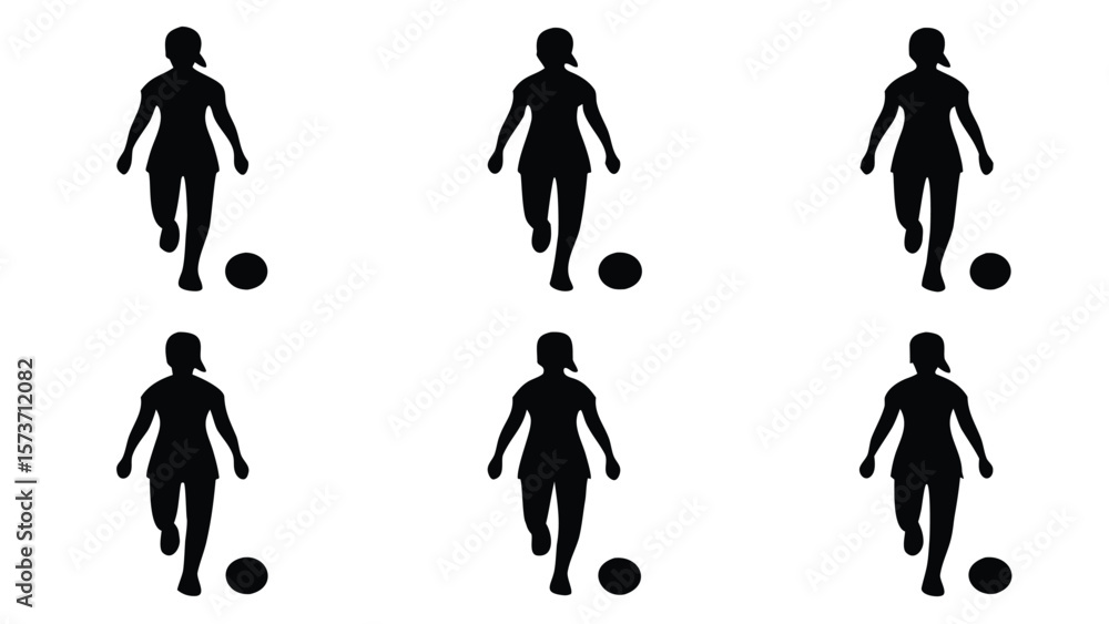 Naklejka premium Black silhouettes of female soccer players kicking balls