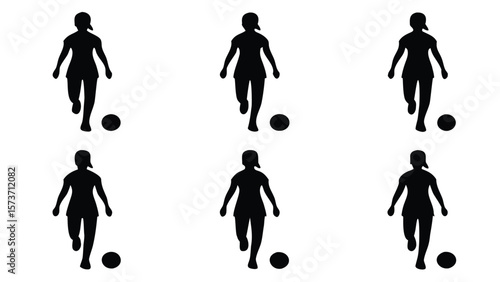Black silhouettes of female soccer players kicking balls