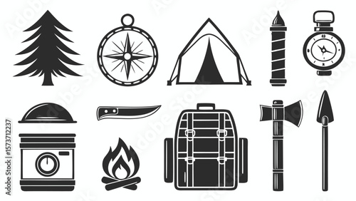 Camping gear and forest elements tent backpack