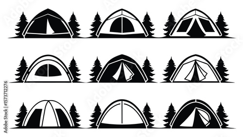 Camping tents and evergreen trees forest